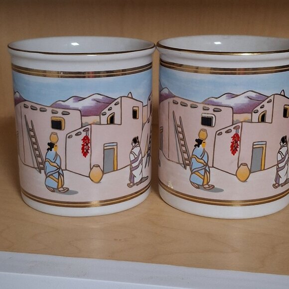 Vintage Japan Pueblo Village Scene Ceramic Coffee Mugs Pair Gold Trim 10 oz - Picture 3 of 5